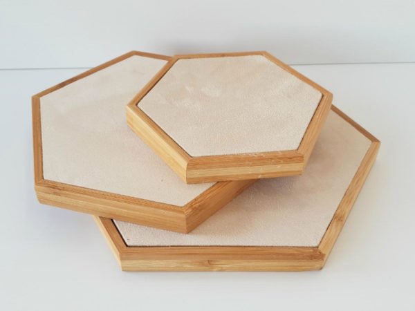 Jewellery Display Bamboo Round Creme Suede Set of 3